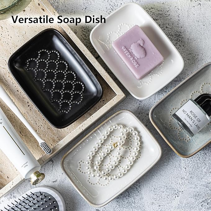 Gomakren Ceramic Soap Dish with Raised Scalloped Design, Versatile Soap Holder & Tray for Bathroom and Kitchen Sink, Prevents Soggy Soap, Modern Decor, Easy to Clean, Black (5.59" x 4.02")