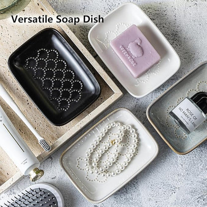 Gomakren Ceramic Soap Dish with Raised Scalloped Design, Versatile Soap Holder & Tray for Bathroom and Kitchen Sink, Prevents Soggy Soap, Rustic Modern Decor, Easy to Clean, Beige (5.59" x 4.02")