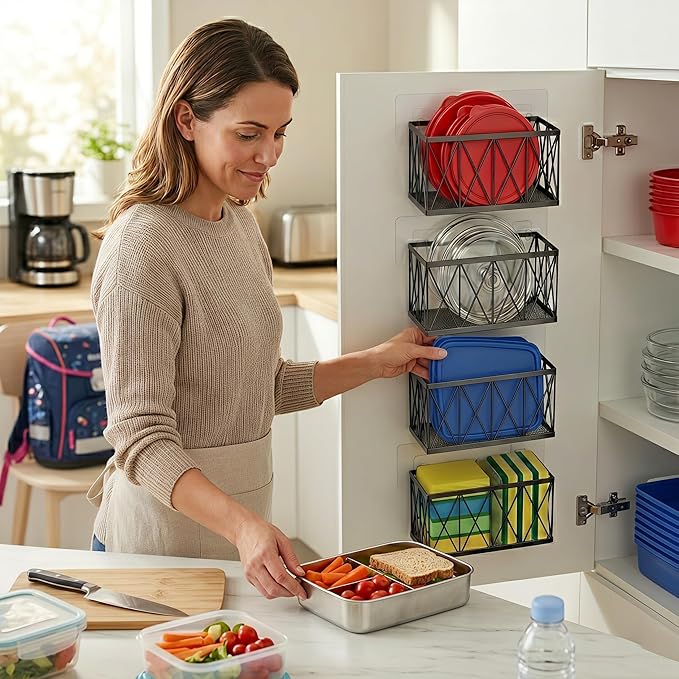 4 Pack Cabinet Door Organizer, Adhesive Inside Cabinet Door Storage for Kitchen Bathroom, Lid Organizer Compatible with Tupperware Pyrex, Wall Mounted Basket for Pantry Under Sink, Black