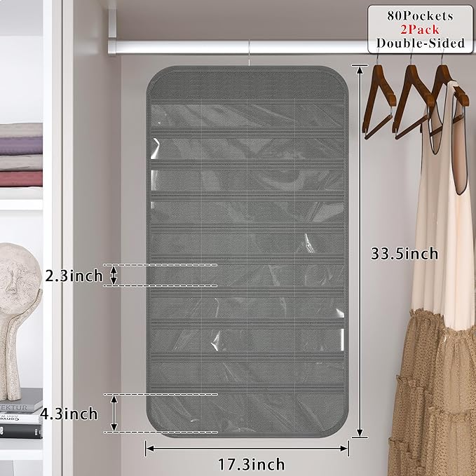 2 Pack Hanging Jewelry Organizer 80-Pocket Dual-sided Jewelry Storage for Earring Necklace Bracelet Ring Travel Holder, Gray