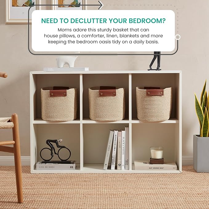 3 Pack Cotton Rope Storage Basket Woven Shelf Bin with Faux Leather Handles, Decorative Closet Shelf Woven Basket for Organizers, 15 x 10 x 9, Multi-Brown