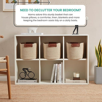 3 Pack Cotton Rope Storage Basket Woven Shelf Bin with Faux Leather Handles, Decorative Closet Shelf Woven Basket for Organizers, 15 x 10 x 9, Multi-Brown