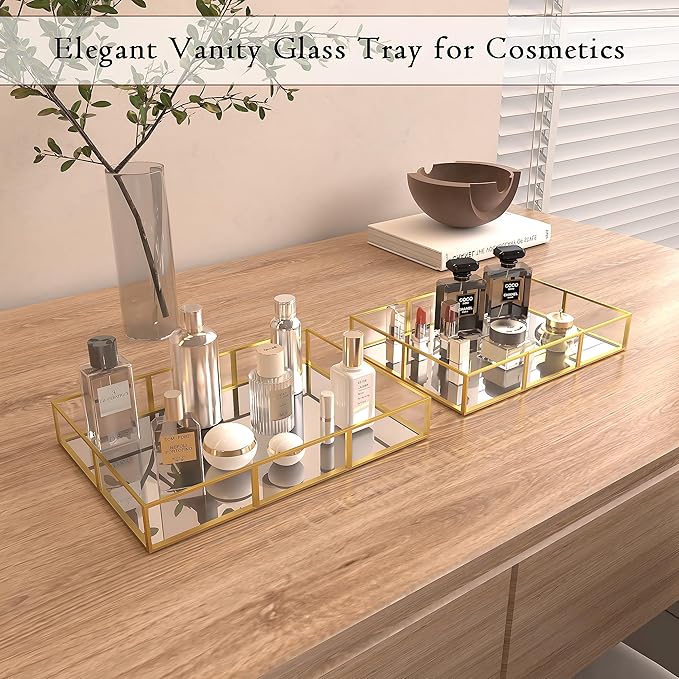 Perfume Tray Vanity Tray with Metal Frame, Gold Tray for Bathroom, Jewelry or Home Decoration 2 Pcs (L+S)