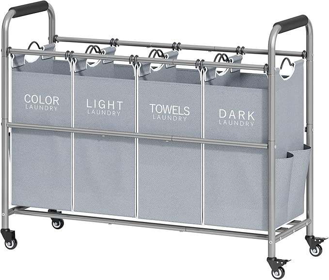 Tajsoon 4 Bag Laundry Sorter Cart, 4 Section Laundry Hamper Sorter with Heavy Duty Lockable Rolling Wheels, Laundry Separator Hamper with Removable Bags for Dirty Clothes Storage, Grey & White