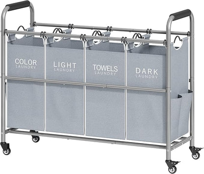 Tajsoon 4 Bag Laundry Sorter Cart, 4 Section Laundry Hamper Sorter with Heavy Duty Lockable Rolling Wheels, Laundry Separator Hamper with Removable Bags for Dirty Clothes Storage, Grey & White
