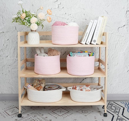 XUANGUO Woven Cotton Rope Storage Baskets - 3-Pack Round Bins (10x10x7'') for Shelves, Closets & Bookcases | Durable Rope Organizers for Nursery, Baby, Toys, Easter & More (pink)