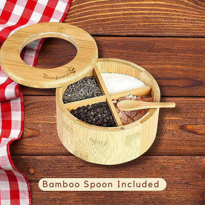 Premium 4 Compartments Salt & Spice Cellar with Spoon - Swivel Magnetic Lid for Convenient Seasoning Access - 100% Natural Bamboo - Elegant and Eco-Friendly Kitchen Accessory.