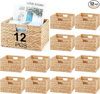 Jinei 12 Pcs Wicker Storage Basket Bulk 13 x 13 x 8 Inch Handwoven Water Hyacinth Cube Bin with Handles Woven Laundry for Organizer Shelves Wood Color