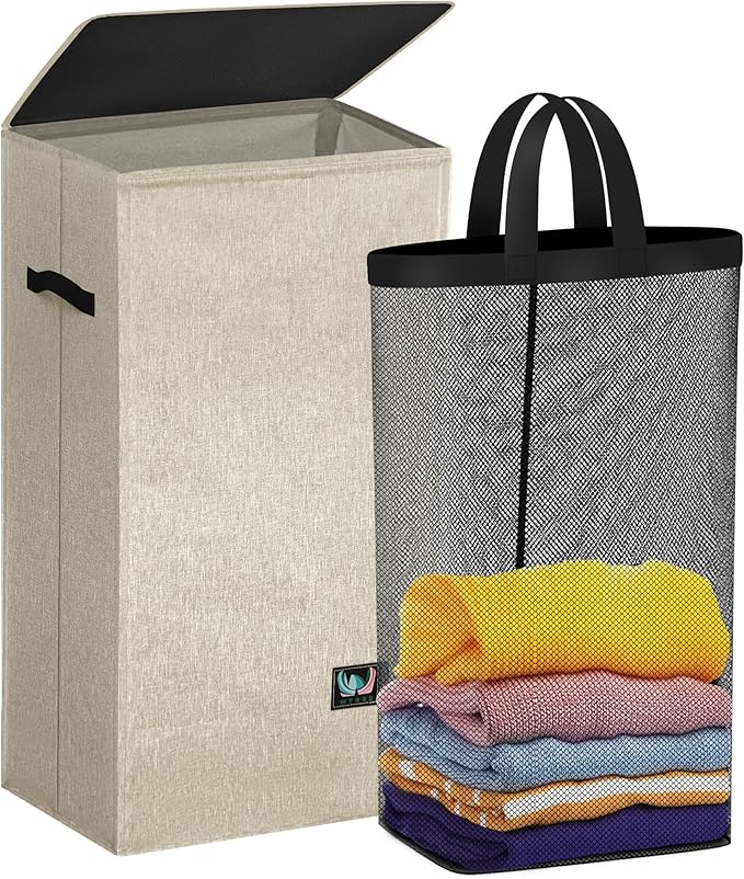 WTREE Laundry Hamper with Lid, Reinforced Sturdy Clothes Hamper with Anti-Puncture Base, Large Collapsible Laundry Basket with Removable Liner Bag, Tall Dirty Clothes Bin for Family, 100L Beige