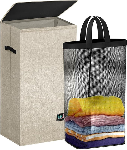 WTREE Laundry Hamper with Lid, Reinforced Sturdy Clothes Hamper with Anti-Puncture Base, Large Collapsible Laundry Basket with Removable Liner Bag, Tall Dirty Clothes Bin for Family, 100L Beige