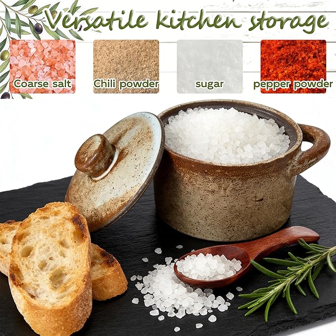 2 Pack Speckled Ceramic Salt Cellar with Lid – Rustic Farmhouse Ceramic Salt Holder, Countertop Bowl, Storage Container, Well Dish Jar for Spices (Retro Color)