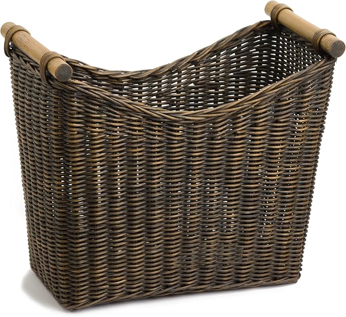 The Basket Lady Narrow Wicker Magazine Basket, Large, 14 in L x 7.5 in W x 12 in H, Antique Walnut Brown