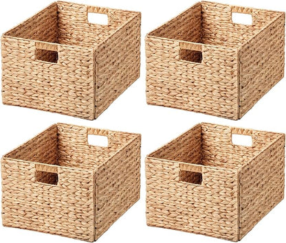 eHemco Extra Large Rectangular Water Hyacinth Wicker Storage Baskets with Iron Wire Frame, 16.1"x12.6"x9.5", Natural, Set of 4