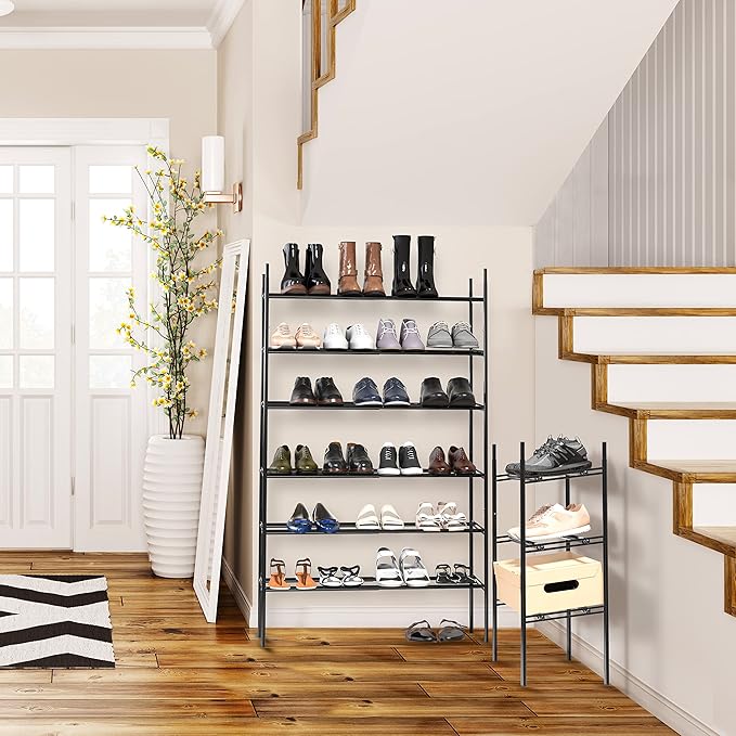 Simple Houseware Space-Saving 3-Tier Shoe Rack - Expandable & Stackable Metal Footwear Organizer for Entryway or Closet, Black
