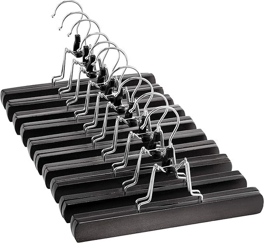 ZOBER High-Grade Wooden Non Slip Skirt Hangers with 360 Swivel Hook (Black, 10 Pack)