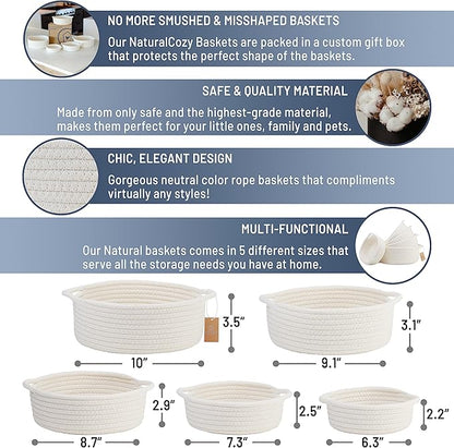 NaturalCozy 5-Piece Round Small Woven Baskets Set– Cotton Rope Baskets for Organizing! Montessori Toys, Fruits Remotes Key Tray Bowl for Entryway Desk, Shallow Catchall Home Décor, Cat Dog Bin Gift