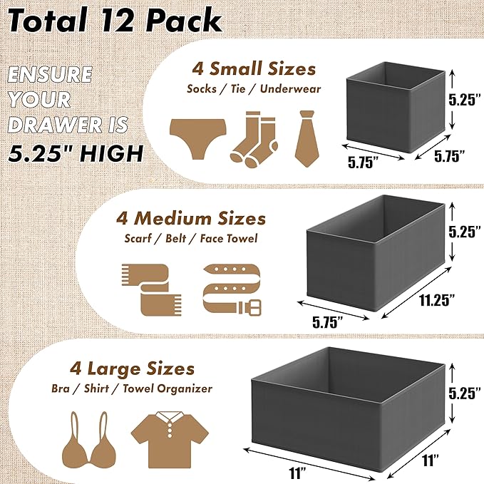Simple Houseware Foldable Drawer Organizer for Clothes/Underwear/Panty/Onesie Stocking Bin, Set of 12, Dark Gray