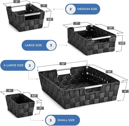 Sorbus Set of 9 Woven Storage Baskets – Mesh Hand-Woven Baskets for Organizing, Fabric Storage Bins for Linen Closet Organizer, Storage Baskets for Shelves, Home Organization and Decor (Black)