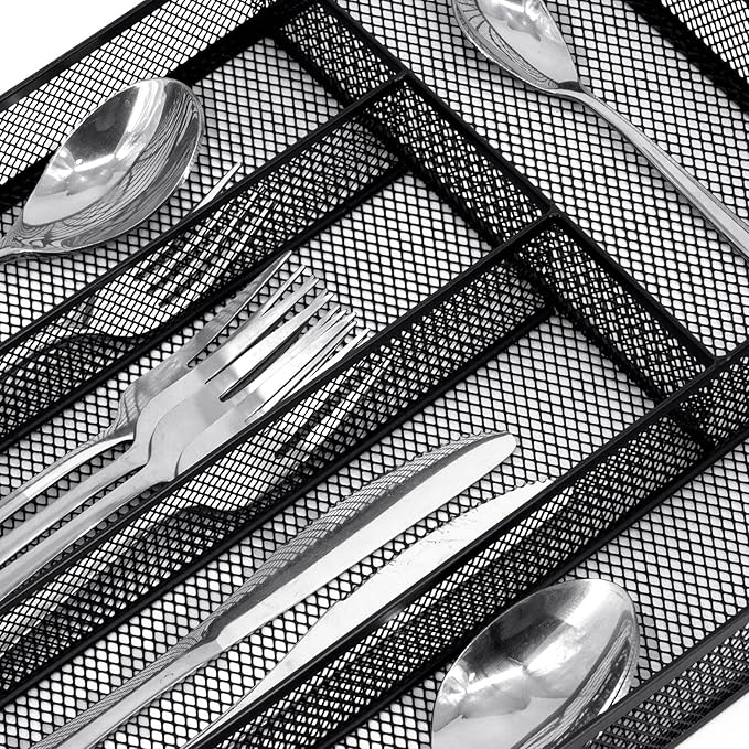 Neudeco Silverware Drawer Organizer - 5 Compartment Cutlery Tray with Non-Slip Feet, Mesh Wire Flatware Storage Divider for Kitchen, Bedroom, Living Room (Black)