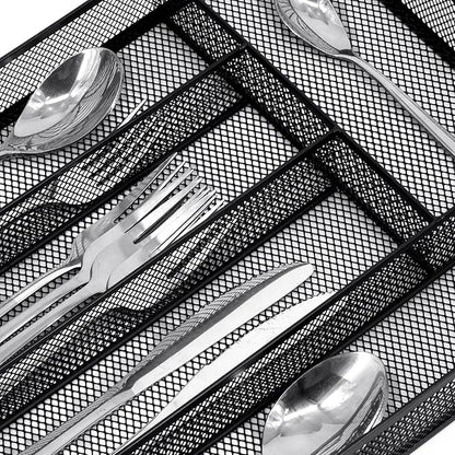 Neudeco Silverware Drawer Organizer - 5 Compartment Cutlery Tray with Non-Slip Feet, Mesh Wire Flatware Storage Divider for Kitchen, Bedroom, Living Room (Black)