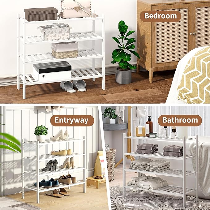 Bamboo Shoe Rack Stackable Shoe Shelf Storage Organizer for Unit Entryway Hallway and Closet Sturdy Freestanding Shoe Shelf(4 Tier White)