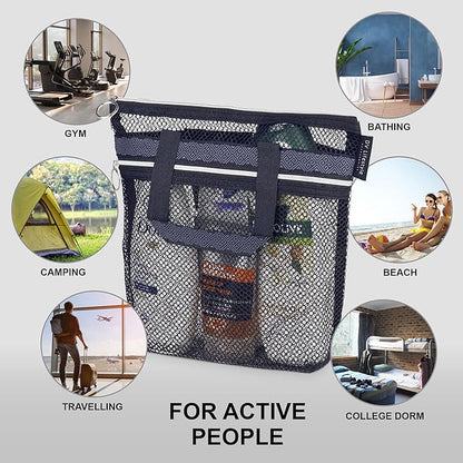 DV Lifestyle Mesh Shower Bag 10.2x9.9'' Quick-Dry Caddy with Zipper & 2 Pockets. Portable Toiletry Tote for Bathroom, Gym, Travel, Camp, Beach, for Sunscreen, Dorm & College Essentials (Black)