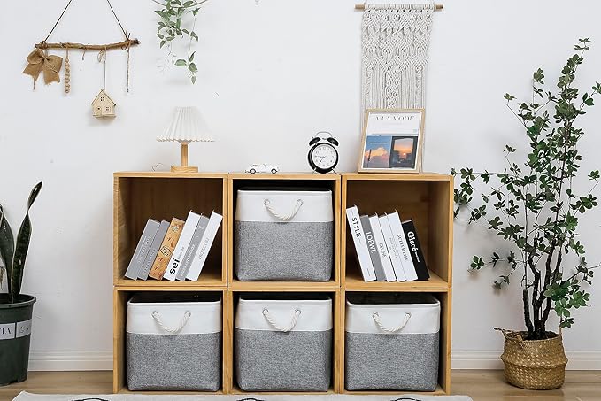 MidmmVick 13 x 13 Inch Cube Storage Bins, 4 Pack Large Collapsible Fabric Storage Bin with Ropes, Foldable Storage Cubes for Home, Office,Closet, Clothes, Toys Organizer (White & Grey)