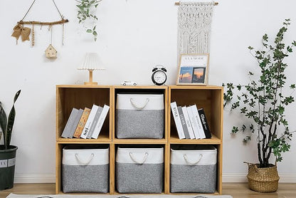 MidmmVick 13 x 13 Inch Cube Storage Bins, 4 Pack Large Collapsible Fabric Storage Bin with Ropes, Foldable Storage Cubes for Home, Office,Closet, Clothes, Toys Organizer (White & Grey)