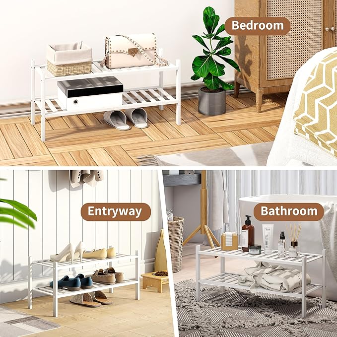 Bamboo Shoe Rack Stackable Shoe Shelf Storage Organizer for Unit Entryway Hallway and Closet Sturdy Freestanding Shoe Shelf(2 Tier White)