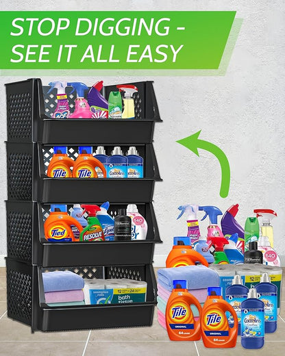 TidyFriend 4 Pk Large Stackable Storage Bins Open Front for Pantry Organizers and Storage, Pantry Storage for Food, Kitchen and Home Organization, Plastic Storage Bins, Dorm Room Essentials (Black)