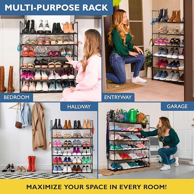 Sundaze Shoe Rack - 6 Tier Metal Shoe Rack for Front Door Entrance, Sturdy Tall Shoe Organizer for Closet, Bedroom, Entryway, Garage, Black Metal Shoe Shelf, Holds Up to 30 Pairs