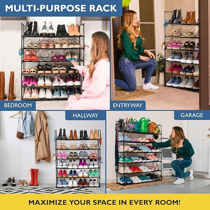Sundaze Shoe Rack - 6 Tier Metal Shoe Rack for Front Door Entrance, Sturdy Tall Shoe Organizer for Closet, Bedroom, Entryway, Garage, Black Metal Shoe Shelf, Holds Up to 30 Pairs
