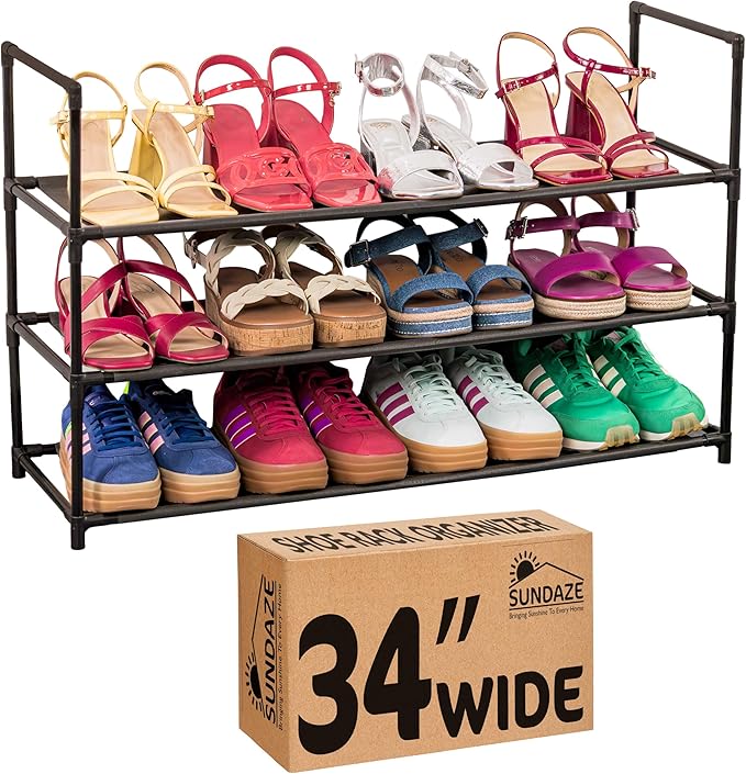 Sundaze Shoe Rack - 3 Tier Shoe Rack for Front Door Entrance, Sturdy Long Shoe Organizer for Closet, Bedroom, Entryway, Garage, Non Woven Fabric Shelf, Black, Holds Up to 15 Pairs