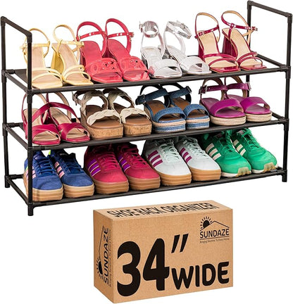 Sundaze Shoe Rack - 3 Tier Shoe Rack for Front Door Entrance, Sturdy Long Shoe Organizer for Closet, Bedroom, Entryway, Garage, Non Woven Fabric Shelf, Black, Holds Up to 15 Pairs