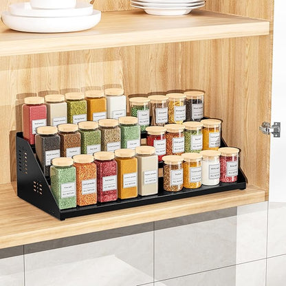 BOIVSHI Spice Organizer, Spice Rack for Expandable 3-Tier, Spice Organization for Cabinet Expandable Width and Adjustable Height, Seasoning Organizer for Cabinet, Countertop, Pantry, Black