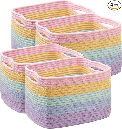 Rainbow Rope Basket for Storage 4 Pack Cotton Rectangular Baskets for Shelves Woven Toy Storage Bins for Nursery Kids in Classroom 12.7"Lx9"Wx7.9"H Pastel Rainbow