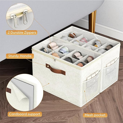 Budding Joy 2 Pack Shoe Organizer for Closet, Clear Foldable Shoe Storage Containers Adjustable Dividers Fits 16 Pairs,Shoe Storage Bins Baskets Boxes with Reinforced Handles Beige