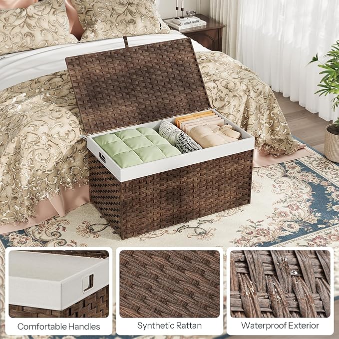 HOOBRO Storage Basket with Lid, 42.3 Gallon (160L) Wicker Basket, Handwoven Blanket Storage Basket with Handles, Metal Frame and Soft Lining, Foldable for Bedroom, Laundry Room, Brown BR216CW01