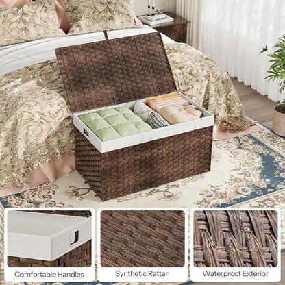 HOOBRO Storage Basket with Lid, 42.3 Gallon (160L) Wicker Basket, Handwoven Blanket Storage Basket with Handles, Metal Frame and Soft Lining, Foldable for Bedroom, Laundry Room, Brown BR216CW01