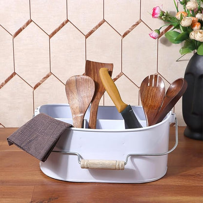 Alpha Living Home Farmhouse 4 Section Galvanized Utensil Caddy - Versatile Organizer for Kitchen, Party & Outdoor Events Rustic Silverware Holder, Cutlery Organizer, Picnic (White)