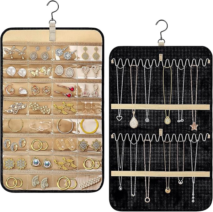 Tefola Hanging Jewelry Organizer, Double-Sided Necklace Organizer Jewelry Holder Organizer for Earrings, Necklaces Rings, Glasses, Sunglass Organizer for Closet, Wall, Door (Black, Small Size)
