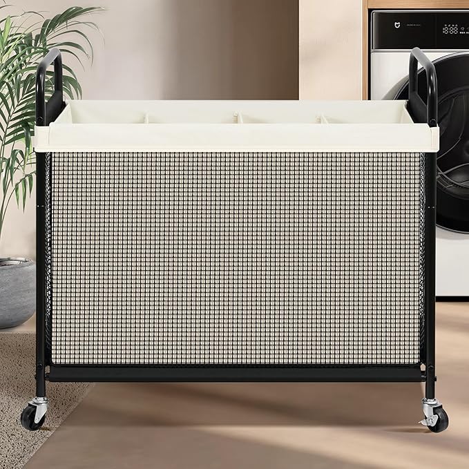 STO STO Laundry Hamper 4 Section, 140L Rolling Laundry Sorter Cart with Removable and Washable Liner Bag, Clothes Hamper with Wheels and Metal Handle for Laundry Room and Bedroom, Beige