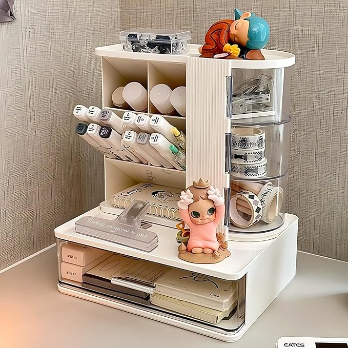 Makeup Organizer with 3 Rotating & Dustproof Drawers, Large Capacity Cosmetic Storage Box with Makeup Brush Holder, Make up Organizers for Vanity, Dresser, Bathroom (White)