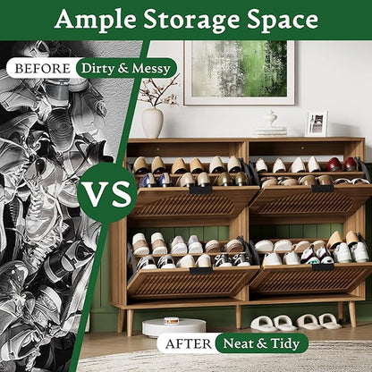 Xixini Shoe Storage Cabinet with 4 Flip Drawers, 36" Tall Narrow Wood Fluted Shoe Organizer for Entryway, Freestanding Wooden Hidden Slim Shoe Rack for Front Door Entrance, Hallway, Foyer, Dark Walnut
