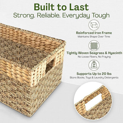 Large Wicker Storage Baskets with Handles, Natural Seagrass and Hyacinth Woven Storage Basket for Organizing Shelves, Closet, Pantry, Living Room, 17 x 11 x 7.5 Inches