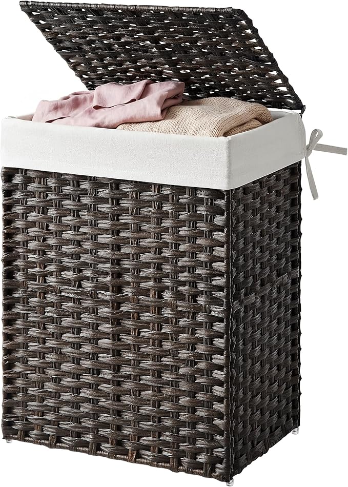 SONGMICS HOME Laundry Hamper with Lid, Clothes Basket with Removable Liner and Handles, 23.8 Gallon, Foldable Narrow Laundry Organizer for Bathroom, Bedroom, Dark Brown