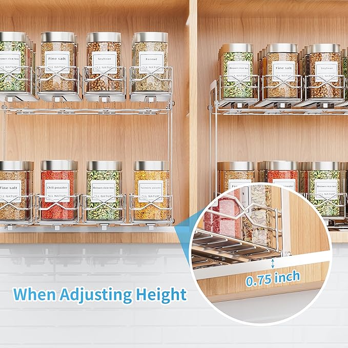 BOIVSHI Spice Rack Organizer, Heavy Duty Vertical Spice Rack Pull Out for Cabinet, 2 Tier Metal Spice Rack for Kitchen, Pantry, Easy to Install & Smooth Sliding, Chrome, 11”W x 10.5”D x 9.5”H