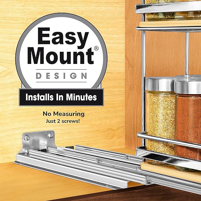 LYNK PROFESSIONAL® Élite™ Pull Out Spice Organization for Cabinets - 4-3/8 inch Wide – Spice Rack for Inside Cabinets – Wood/Chrome - Sliding Spice Rack Organizer for cabinet – Spice Rack - 2 Tier