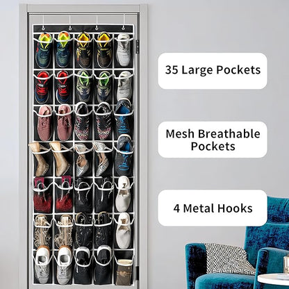 SAVERHO 35 Pockets Over the Door Shoe Organizer, Hanging Shoe Organizer for Door with 35 Mesh Pockets Large Capacity Shoe Hanging Storage Bag with 4 Metal Hooks (Black-1Pack)