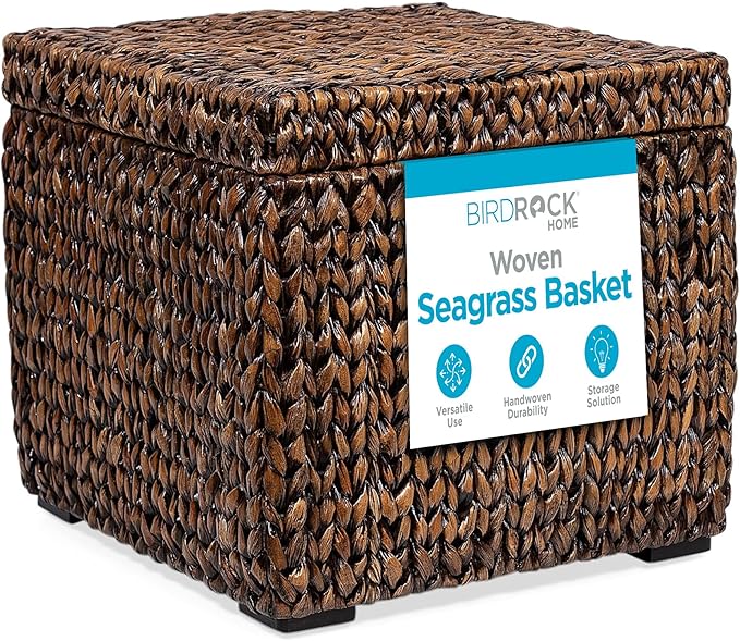 BIRDROCK HOME Storage Cube Box with Lid - Brown Wash Seagrass - Large Hand Woven Floor Container for Blankets Pillows - Sturdy Metal Frame